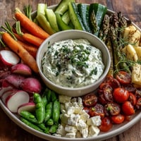 Vibrant spring food board with radishes, peas, and herb dip, perfect for a fresh appetizer spread.