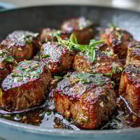 Juicy steak bites seared with garlic and fresh herbs in a cast iron skillet for a flavorful, quick dinner.  