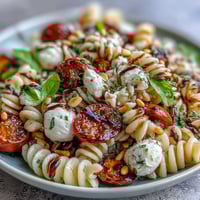 Vibrant Summer Pasta Salad Caprese Style with juicy tomatoes, creamy mozzarella, and fragrant fresh basil leaves.