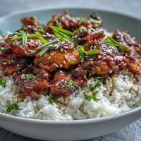 Honey Garlic Chicken with Rice: golden chicken thighs glazed in a sweet and savory honey garlic sauce, served over steaming jasmine rice.