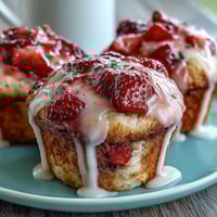 Fluffy strawberry lemon muffins with fresh berries and a tangy lemon glaze, ideal for a bright spring brunch or snack.