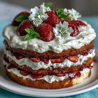 Naked cake with fresh strawberries and whipped cream, spring dessert with elegant layers.  