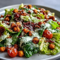 Crispy chickpea croutons top a vibrant Vegan Caesar Salad, ready to be enjoyed.